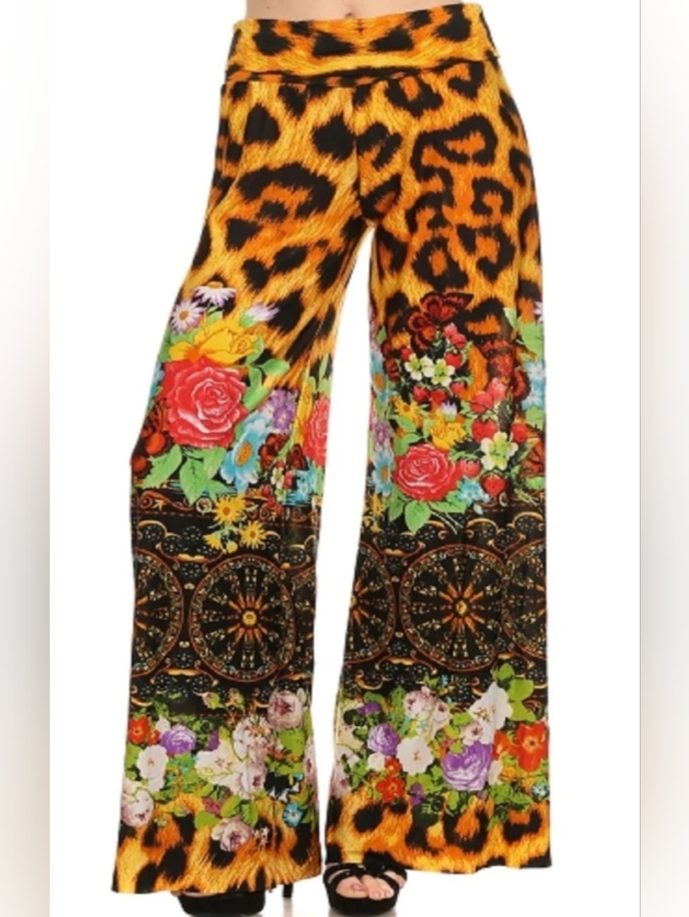 Leopard Motifs Print, Red Roses Colorful Botanical Palazzo Bolero Bells Pants S